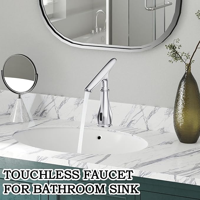 Touchless Bathroom Faucet, Automatic Motion Sensor Chrome Faucet for Bathroom Sink 1 Hole with Cover Plate, Mixing Valve, Battery Operated for Commercial Lavatory, Home Restroom