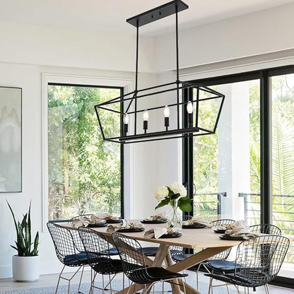 BONLICHT 4 Light Kitchen Island Linear Pendant Lighting Industrial Large Black Farmhouse Chandelier Modern Rectangle Dining Room Light Fixtures Hanging Ceiling Over Table,E12 Base
