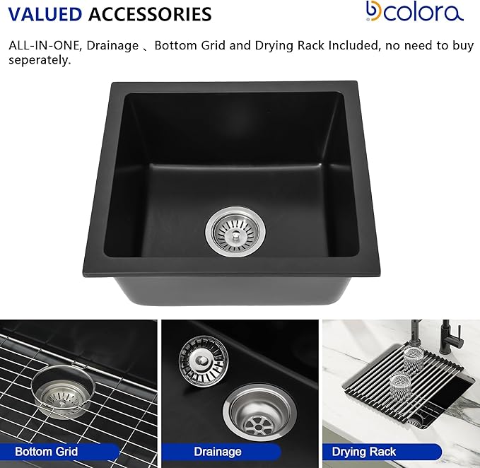 Dcolora Undermount Quartz Composite Prep Sink, 18"x16" Single Bowl Wet Bar Sink, Matte Black Small Kitchen Sink for Island & Bar, Farmhouse Design, #DC-GU7746