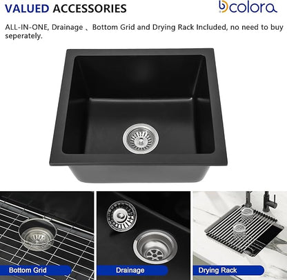 Dcolora Undermount Quartz Composite Prep Sink, 18"x16" Single Bowl Wet Bar Sink, Matte Black Small Kitchen Sink for Island & Bar, Farmhouse Design, #DC-GU7746