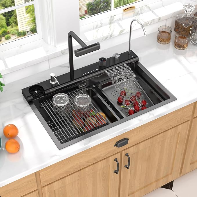 Smart Waterfall Kitchen Sink 30" Drop-In Single Bowl 16 Gauge 304 Stainless Steel Workstation Sink with Mechanical Control Panel & Pull-Down Faucet, Gunmetal Black for Decoration or Renovation