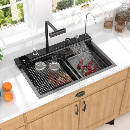 Smart Waterfall Kitchen Sink 30" Drop-In Single Bowl 16 Gauge 304 Stainless Steel Workstation Sink with Mechanical Control Panel & Pull-Down Faucet, Gunmetal Black for Decoration or Renovation
