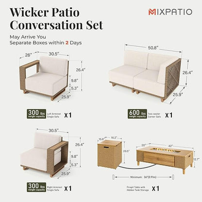 MIXPATIO Patio Sectional Furniture with Fire Pit, 4 Pieces Outdoor Wicker Sofa Set, Yellow Rattan Modular Conversation Sets with 10" Thick Cushions, L Shape Low Profile Lawn Deck Garden Furniture