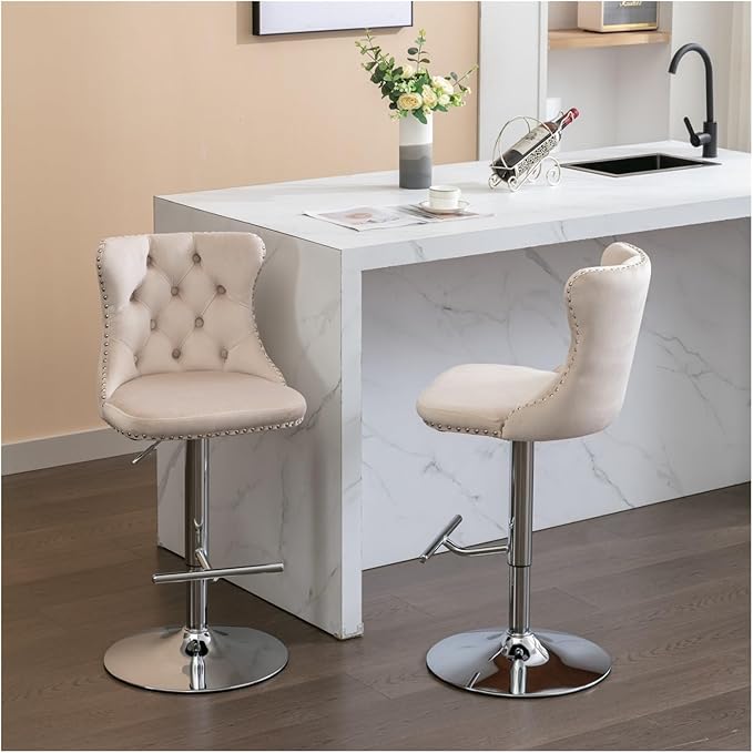 Swivel Velvet Barstools Adjusatble Seat Height from 25-33 Inch, Modern Upholstered Chrome Base Bar Stools with Backs Comfortable Tufted for Home Pub and Kitchen Island（Beige,Set of 2）,for Living Room