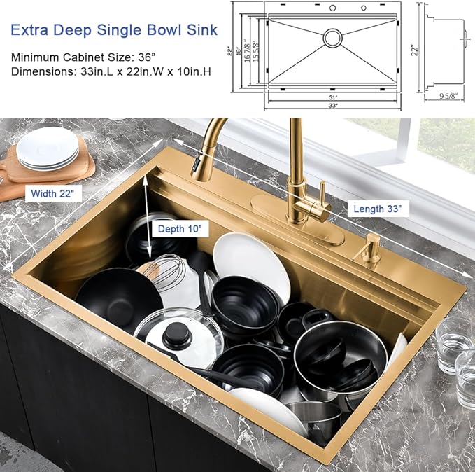 33 Inch Gold Kitchen Sink Drop In Workstation-Hovheir 33x22 Drop In Top Mount Kitchen Sink 16 Gauge Stainless Steel Single Bowl Deep Brushed Gold Sinks with Cutting Board