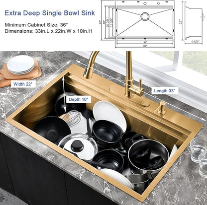 33 Inch Gold Kitchen Sink Drop In Workstation-Hovheir 33x22 Drop In Top Mount Kitchen Sink 16 Gauge Stainless Steel Single Bowl Deep Brushed Gold Sinks with Cutting Board