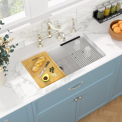 Sarlai 32 Kitchen Sink White Granite Composite - 32 x 19 inch Kitchen Sink Ledge workstation Undermount White Granite Composite Quartz Single Bowl Under Counter Kitchen Sinks Basin