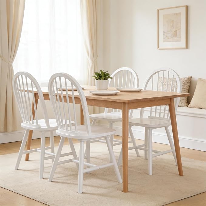 SIMOE White Windsor Dining Chairs Set of 4, Spindle Back Wood Kitchen Chairs with Solid Wood Legs, Mid-Century Modern Side Dining Chair for Living Dining Room, Restaurant
