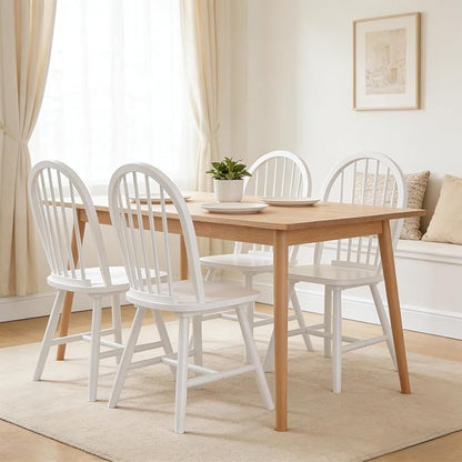 SIMOE White Windsor Dining Chairs Set of 4, Spindle Back Wood Kitchen Chairs with Solid Wood Legs, Mid-Century Modern Side Dining Chair for Living Dining Room, Restaurant