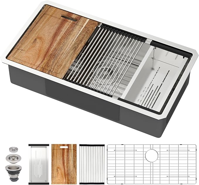 33 Inch Undermount Kitchen Sink 33x18 Inch Workstation Undermount Sink Stainless Steel 16 Gauge 8 In Deep Single Bowl Under Counter with Accessories