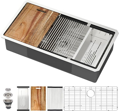 33 Inch Undermount Kitchen Sink 33x18 Inch Workstation Undermount Sink Stainless Steel 16 Gauge 8 In Deep Single Bowl Under Counter with Accessories
