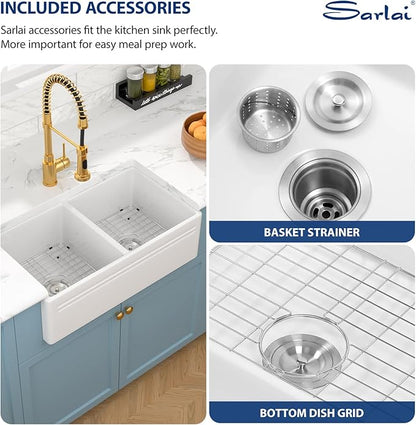 Sarlai 33 White Farmhouse Sink Double Bowl - 33x18 Inch Kitchen Sink Apron Front Double Bowl 50/50 White Porcelain Ceramic Fireclay Kitchen Farm Sinks
