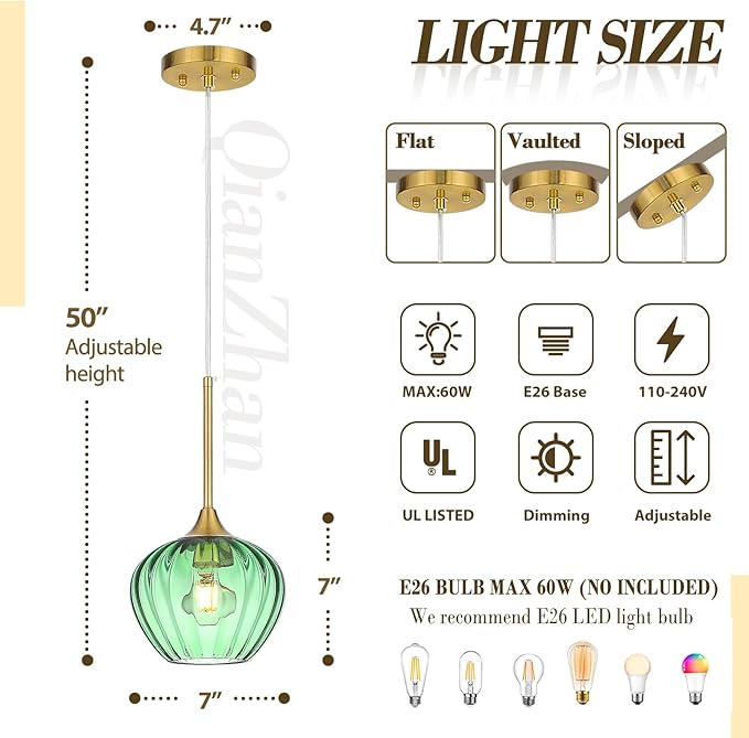 2Pack Green Glass Pendant Light, 7" Modern Glass Pendant Lighting Vintage Green Ceiling Fixtures Mini Hanging Lamp for Kitchen Island Dining Room Restaurant Bar Bedroom