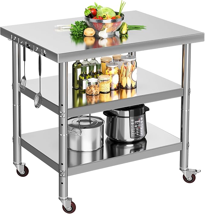 YITAHOME NSF Stainless Steel Table, 30" X 24" Work Table with Wheels, 3 Shelves Metal Table Prep Table for Home Kitchen Restaurant Garage Warehouse Outdoor