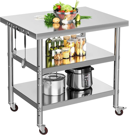 YITAHOME NSF Stainless Steel Table, 30" X 24" Work Table with Wheels, 3 Shelves Metal Table Prep Table for Home Kitchen Restaurant Garage Warehouse Outdoor