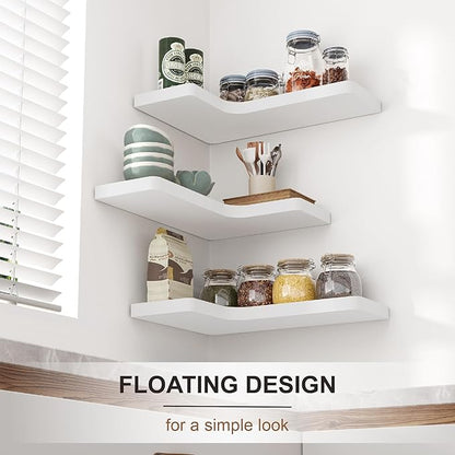 fuqing Corner Floating Shelves, Wall Shelf Set of 3, Shelves for Wall Storage, Solid Wood Shelves for Storage, Wall Mount Wooden Display Shelf for Bathroom Bedroom Kitchen Garage, White
