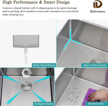 15x18 Inch Bar Sink Undermount – Delironexu 18 Gauge Stainless Steel Small Kitchen Sink, 15"x18"x7" Small Bar Sinks, Single Bowl Wet bar sink with Brushed Finish for Outdoor, RV, and Prep Use
