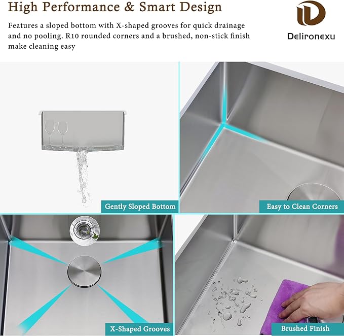 16 Inch Bar Sink Undermount – Delironexu 18 Gauge Stainless Steel Small Kitchen Sink, 16"x16"x8" Square Small Bar sink, Single Bowl Wet bar Sinks with Brushed Finish for Outdoor, RV, and Prep Use
