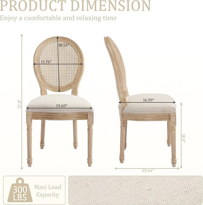 French Country Dining Chairs Set of 6, Upholstered Rattan Dining Chair with Round Backrest, Farmhouse Vintage Dining Chairs for Living Room, Kitchen, Restaurant (Beige-Rattan, Set of 6)