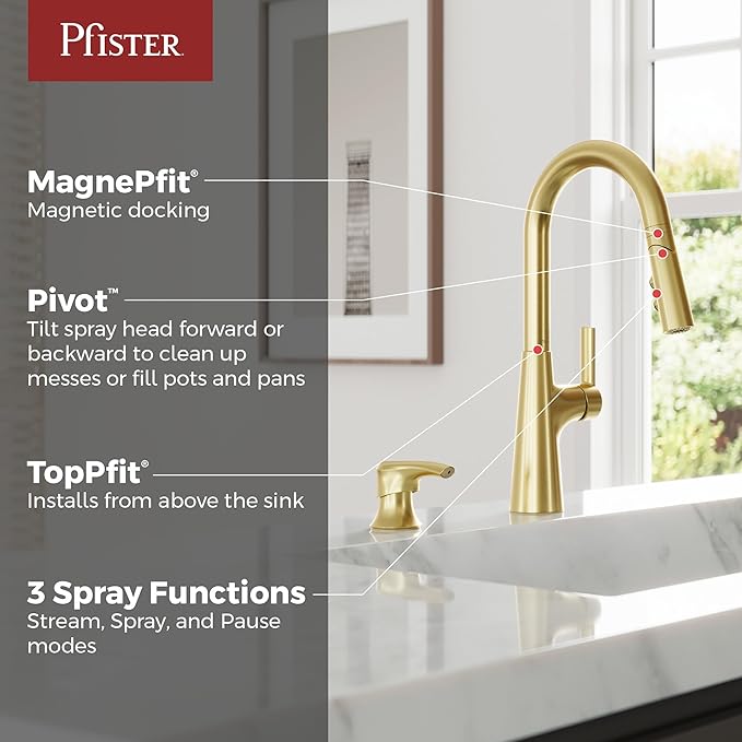 Pfister Tasso Kitchen Faucet with Pull Down Sprayer and Soap Dispenser, Single Handle, High Arc, NSF Certified, Brushed Gold Finish, F5297TSOBG