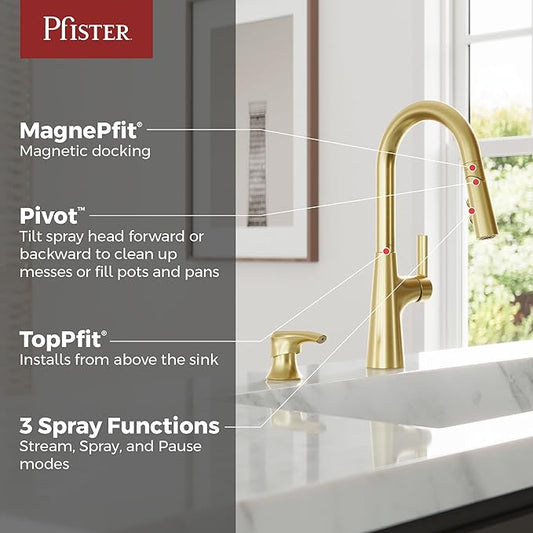 Pfister Tasso Kitchen Faucet with Pull Down Sprayer and Soap Dispenser, Single Handle, High Arc, NSF Certified, Brushed Gold Finish, F5297TSOBG