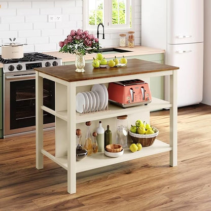 JIJIWANG Solid Wood Rustic 3-Piece 45" Stationary Kitchen Island Set with 2 Seatings, Rubber Wood Butcher Block Dining Table Set Prep Table Set with 2 Open Shelves for Small Places,Walnut+Cream White