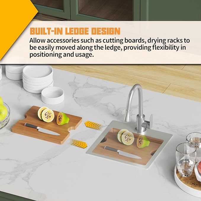15x15In Kitchen And Bar Workstation Sink- Small Stainless Steel Drop In Single Bowl Bar Sink Built-in Ledge Topmount Workstation Sink With Accessory-SS Grid Cutting Board,Silicon Mat,Drain Assembly
