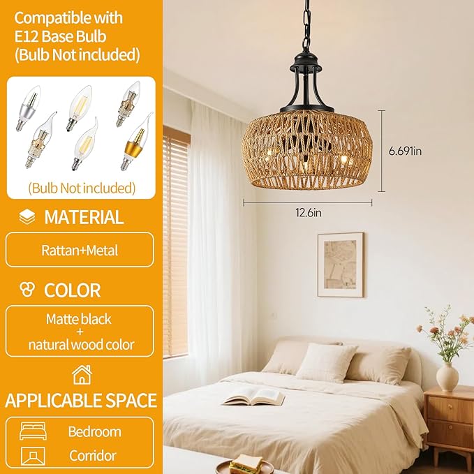 12.6" Chandeliers for Dining Room, 3-Light Rattan Chandelier with Rattan Lampshade, Adjustable Height Coastal Chandeliers, Vintage Pendant Lighting for Kitchen, Bedroom