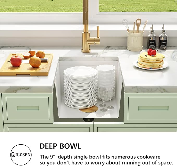 MILOSEN White Undermount Bar Sink, 16×16 Inch Small White Granite Composite Wet Bar or Prep Sinks with Cutting Board, 9 Inch Deep Outdoor Single Bowl Small Workstation Sink with Gold Accessories