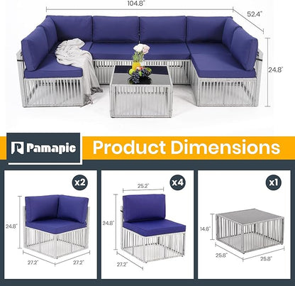 Pamapic 7-Piece Outdoor Sectional Set, Large Wicker Patio Furniture Set with Coffee Table and Washable Cushions Covers, All-Weather Patio Sofa Conversation Set for Backyard, Poolside, Garden