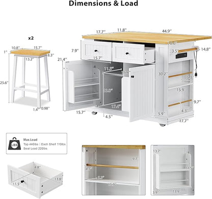 Ball & Cast Kitchen Island with 2 Bar Stools and Power Outlet,Rolling Kitchen Cart on 5 Wheels W/Drop Leaf&5 Open Side Racks,Kitchen Storage Cart W/Adjustable Shelf,for Kitchen,Dining Room,White,48"