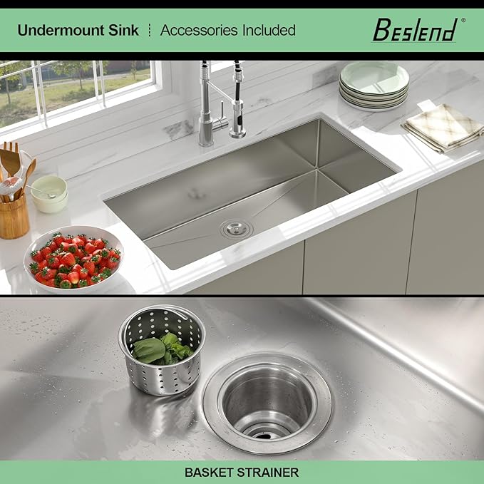 36 Undermount Kitchen Sink - Beslend 36x19 Inch Undermount Stainless Steel Kitchen Sink 16 Gauge Single Bowl Round Corner Single Dish Basin Under Counter Basin, Sink Only