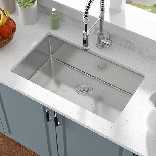 28 Inch Undermount Kitchen Sink - 28x18 Stainless Steel Kitchen Sink T304 18 Gauge Undermount Sinks Single Bowl Handmade Sinks Under the Counter, 9" Deep