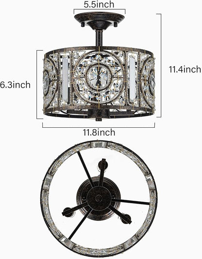 Vintage Crystal Drum Chandelier, 3-Lights Bronze Finish Retro Chandelier Lighting Fixtures, Semi Flush Mount Ceiling Light for Dining Room Living Room Bedroom Entryway Etc.