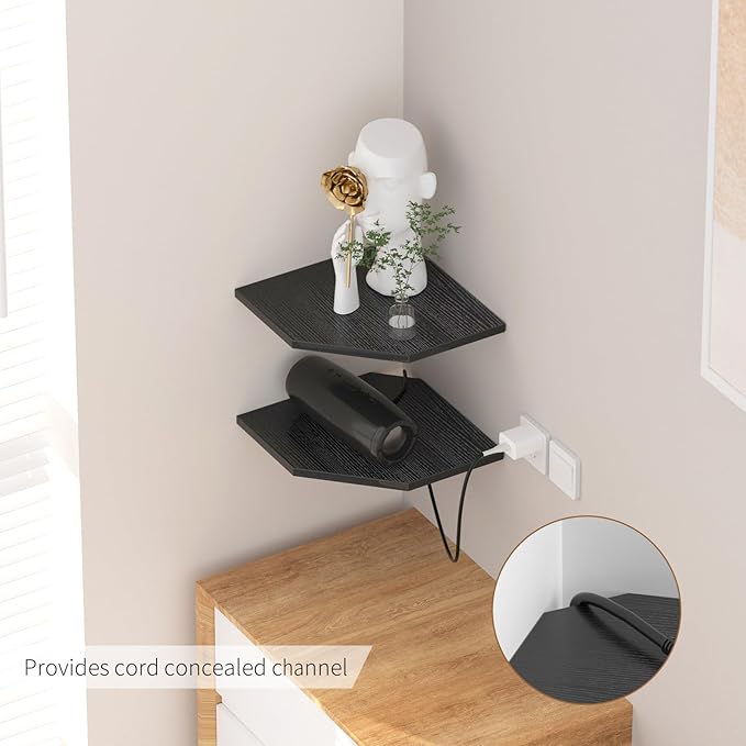 JJL Corner Shelves, 12 Inch Corner Shelf Wall Mounted with Wire Hole, 4 Tier 13.3 Inch Deep Wooden Corner Hanging Shelving for Wall Storage, for Speaker, Cable Box, Black