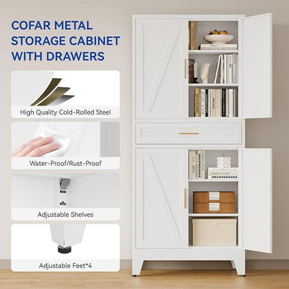 COFaR 71 in Tall Kitchen Pantry Cabinet with Drawer, Metal Pantry Storage Cabinet with 4 Adjustable Shelves and 4 Barn Doors, White Freestanding Farmhouse Food Cupboard for Dining Room