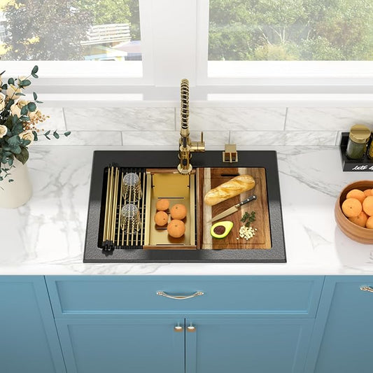 Sarlai 30 Granite Composite Black Kitchen Sink - 30"x22" Drop In Kitchen Sink Ledge Workstation Black Granite Quartz Composite Top-Mount Single Bowl Sinks Basin with Gold Accessories