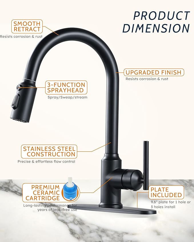 WOWOW Kitchen Faucets with Pull Down Sprayer, Matte Black Kitchen Sink Faucet with Sprayer, 304 Stainless Steel High Arc Single Handle Pull Down 3 Hole Black Bar Sink Water Faucets for Rv Sink Faucet