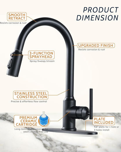 WOWOW Kitchen Faucet with Pull Down Sprayer, Matte Black Kitchen Faucet with Sprayer, Stainless Steel High Arc Single Handle Pull Down 3 Hole Black Bar Sink Faucet Kitchen for Rv Sink Faucets Kitchen