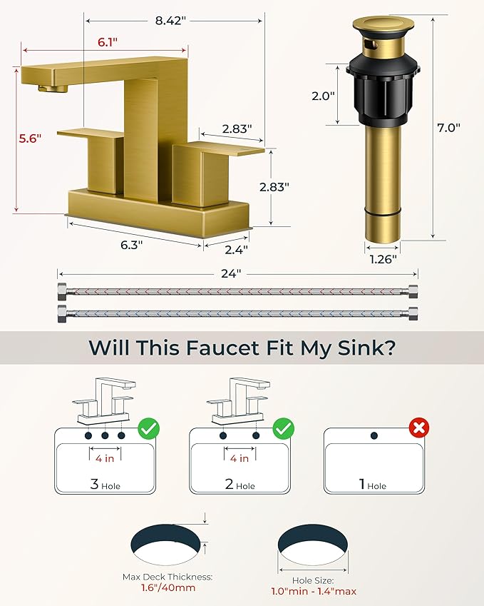 QFN 4 Inch Centerset Bathroom Faucets, Brushed Gold 2 or 3 Hole Square Bathroom Sink Faucet with Pop-Up Drain and cUPC Supply Line, 2 Handles Suitable for Bath Sink, Vanity, Hotel, Restroom, Mall