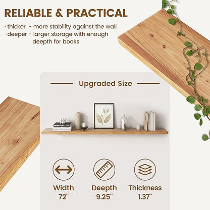 Venusmiles Reclaimed Elm Wood Floating Shelf for Wall, Flat Edge 72" W x 9.2" D x 1.4" H, Large Invisible Wall Mounted Shelf for Living Room Bedroom Kitchen Bathroom Decor, Natural Finish 1 Pack