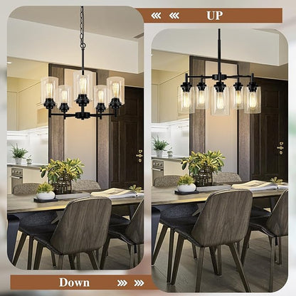 Sucolite 19.8'' 5-Light Chandelier for Dining Room Kitchen Island, Modern Farmhouse Pendant Lighting with Glass Shades Industrial Black Hanging Ceiling Light Fixture for Living Room, Height Adjustable