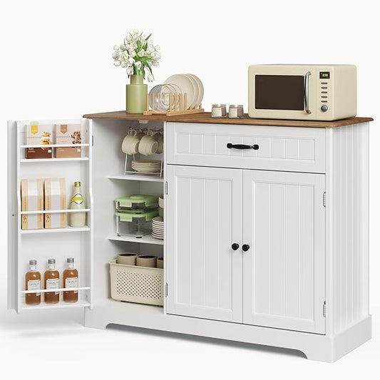 Ahomly Buffet Cabinet, Coffee Bar, Sideboard Cabinet with Internal Storage Shelf for Dining Room, Kitchen, Living Room, Kitchen and Laundry Room,White and Rustic