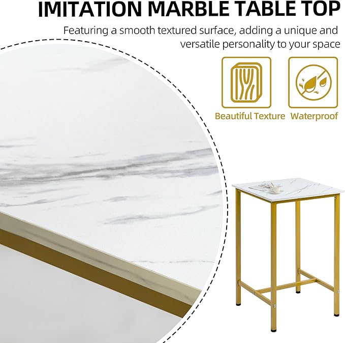 Finnhomy Bar Table, 23.6" Pub High Top, Square Bar Height, Counter Height Cocktail, Small Kitchen Set for 2, Breakfast for Kitchen, Living Room, White Marble and Gold