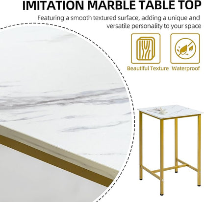 Finnhomy Bar Table, 23.6" Pub High Top, Square Bar Height, Counter Height Cocktail, Small Kitchen Set for 2, Breakfast for Kitchen, Living Room, White Marble and Gold
