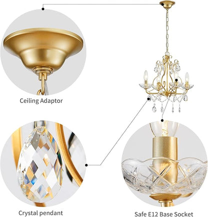 WUZUPS Crystal Candle Chandelier Pendant Flushmount Ceiling Light Modern Lighting Fixture for Bedroom Hallway Bar Kitchen Bathroom, H 14" x W 16", Gold, E12 Base