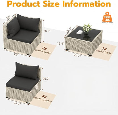 UDPATIO Outdoor Patio Furniture Set, 7-Piece Modular Sectional Sofa with Tea Table, PE Wicker Outdoor Conversation Set for Patio, Garden, Backyard Black