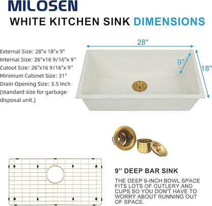 MILOSEN White Undermount Kitchen Sink, 28"x18" Granite Composite Single Bowl Kitchen Sinks, 9" Deep Large Undermount/Drop In Sink with Gold Accessories, White Quartz Kitchen Sinks for Modern Kitchen