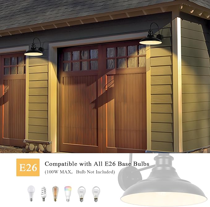 Dusk to Dawn Sensor Outdoor Barn Light Fixtures, 12.3 Inch Dome Farmhouse Outdoor Wall Sconces, Exterior Wall Mount Lights, Industrial Black White Wall Lanterns for Porch, DDRZ004-4 BK+WH