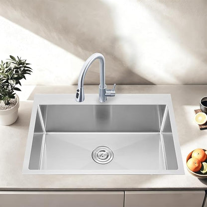 28X18 Inch Drop In Kitchen Sink, Topmount Stainless Steel Brushed Nickel Single Bowl Kitchen Sink, Extra-thick 16 Gauge Kitchen Sinks For RV Laundry Utility with Basket Strainer